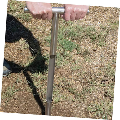 Person using Stainless Steel Soil Sampler Probe With T Handle for Lawn Garden and Farm Use Heavy Duty Pro Grade Core Sampling Tool