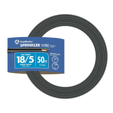 Coiled 50 ft 18/5 black solid sprinkler system wire with packaging label for low voltage outdoor use