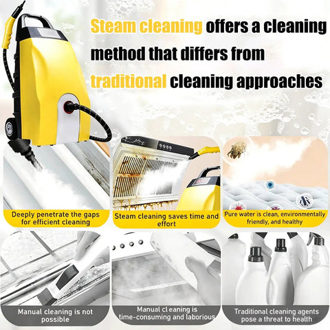 ORISUNTECH Commercial Steam Cleaner 3000W With 3.5L Tank And Ozone Purification, yellow unit demonstrating cleaning efficiency.