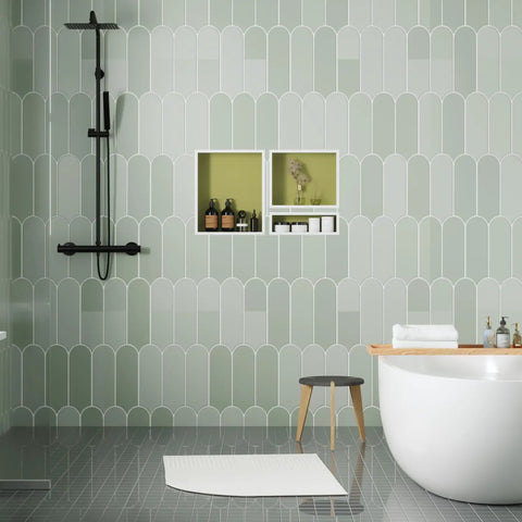 Shower Niche Organizer Set For Tile Ready Bathrooms Durable ABS Recessed Shelf Two Pack with bottles in modern bathroom