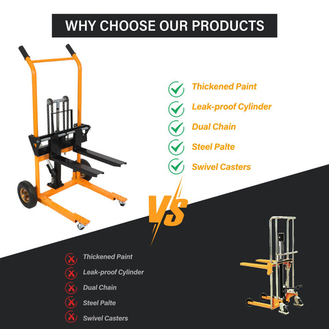 Rock Solid Hydraulic Pallet Jack Stacker With 440 Lb Heavy Load Capacity showcased with thickened paint, dual chain, and swivel casters.