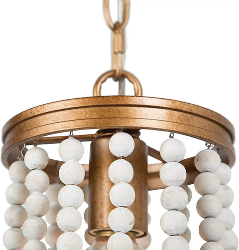 Beaded Chandelier Farmhouse Pendant Light With Antique Gold Finish And White Wood Beads For Dining Room 6 Inch Diameter