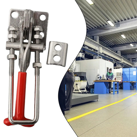 Heavy Duty Stainless Steel Toggle Latch With Self Locking Clamp For Secure Panel And Lid Fastening Holds Up To 440 Pounds Load In One Hand, red handle, workshop use