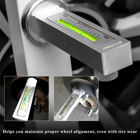 Adjustable Magnetic Wheel Alignment Gauge And Camber Caster Measurement Tool With Super Strong Magnetic Base showing level measurement on a wheel.