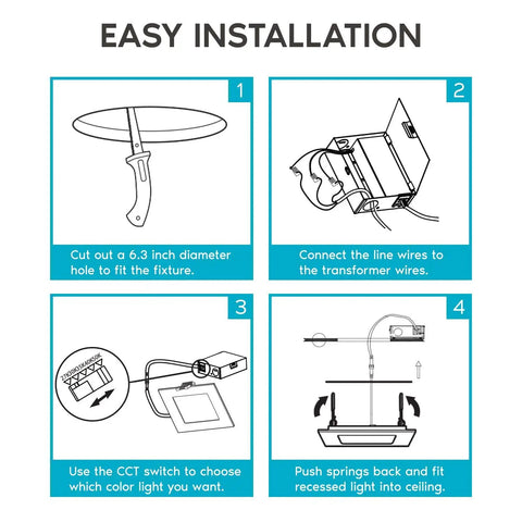 Installation guide for Six Inch Ultra Thin Square LED Recessed Light Kit With Dimmable 12W Downlights, easy step-by-step process.