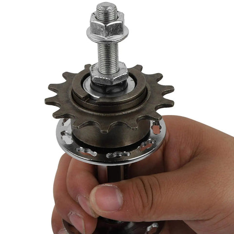 Close-up of a hand holding a Universal 36 Hole Rear Bike Hub With Solid Axle And 14T for BMX and MTB, showing metal construction and gear teeth.