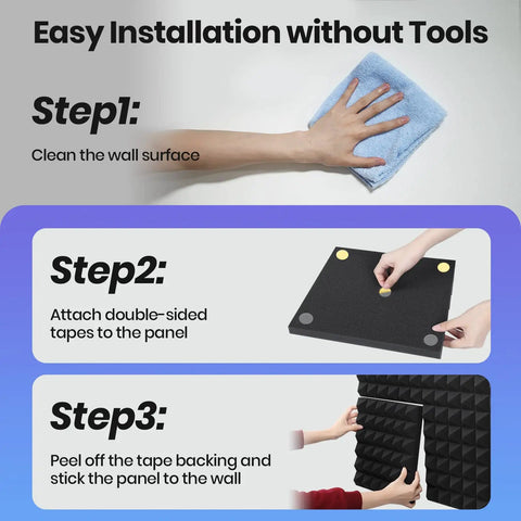 Dead Simple Setup Top Tier Grey Pyramid Acoustic Panels Twenty Four Pack With 120 Reusable Peel And Stick Squares for easy installation steps.