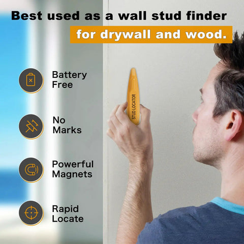Top Shelf Magnetic Stud Finder With No Batteries Needed Fast And Dead On Way To Spot Screws Nails And Wood Metal Framing Hidden In Drywall Or Lumber Walls For Weekend DIY Builds That Really Deliver The Goods, shown in use on drywall.