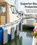 Yacht dock edge cushion with EVA foam shock absorption on boat, anti-collision marine protector visible, secured with ropes.
