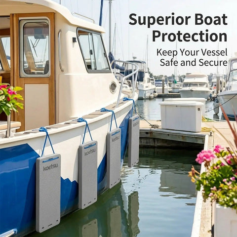Yacht dock edge cushion with EVA foam shock absorption on boat, anti-collision marine protector visible, secured with ropes.