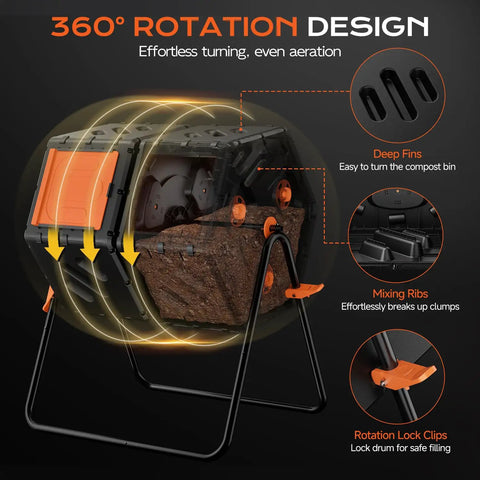 Outdoor 45 Gallon Dual Chamber 360 Degree Rotating Compost Bin For Fast Backyard Composting No Fuss Easy Tool Free Assembly Garden Tumbler For Outside And Yard