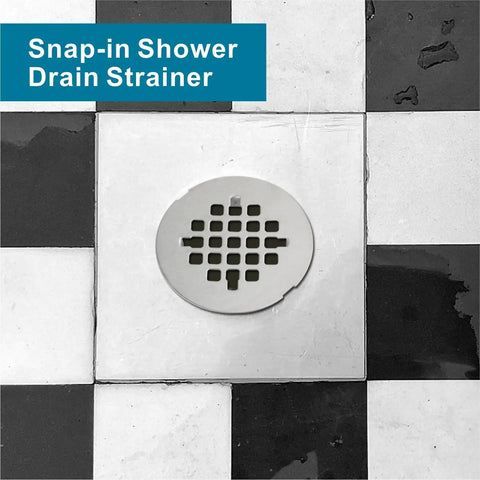 Heavy Duty Brushed Nickel Shower Drain Cover Round 4 1 4 Inch Snap In Stainless Steel Floor Strainer on tiled floor.