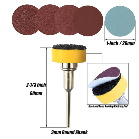 100 Pcs 1 Inch Sanding Disc Kit With Hook And Loop Backing Pads One Eighth Inch Shank For Dremel Rotary Tool, shown with 5 grits