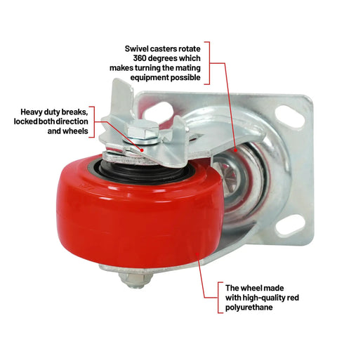 Heavy Duty 4 Inch Red Polyurethane Swivel Caster With Wheel Brake, 550 Lbs Rugged Capacity, featuring 360-degree swivel movement.
