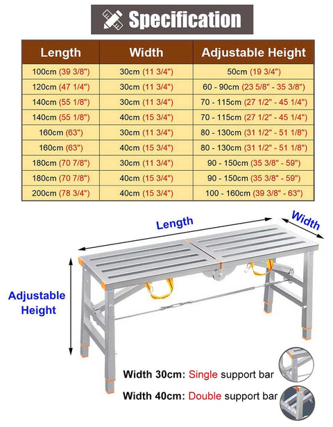 Adjustable Folding Scaffold Ladder Platform Work Stool 160x30cm specifications with adjustable height, length, and width chart.