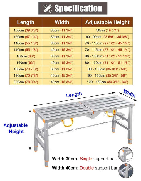 Specification chart for Multipurpose Folding Work Platform Bench Stool With Adjustable Height Scaffold for home improvement.