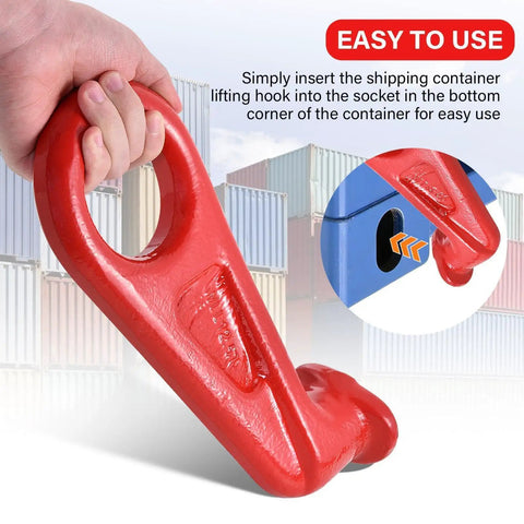 Close-up of heavy duty forged steel container lift hook with clear markings for accurate installation and fewer shipping mishaps.