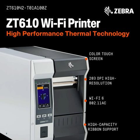 Rugged Heavy Duty Thermal Industrial Printer Four Inch Width 203 Dpi Thermal Transfer No Ink Usb Ethernet Wifi Bluetooth Touch Color Screen Zero Sweat High Volume Label Operations Solid Workhorse Renewed Inventory showing color touch screen and compact design.