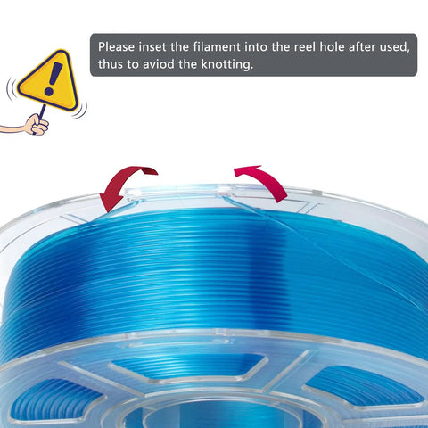 Solid Clear Sky Blue PLA Filament 1.75mm For 3D Printers on a spool, showing instructions for proper storage.