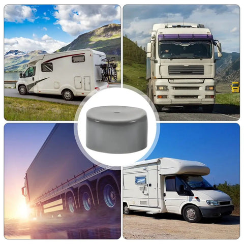 Trailer Wheel Bearing Dust Caps Rubber Covers 1.98 Inch Reusable Replaceable Black Plugs For Hub Protection shown on RVs and trucks