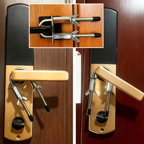 Built Tough Portable Door Lock For Outward Opening Doors Stainless Steel Road Ready Travel Security For Hotels And Vacation Rentals Solid Kickproof Backup Guard close-up on adjustable telescopic design attached to a door handle.