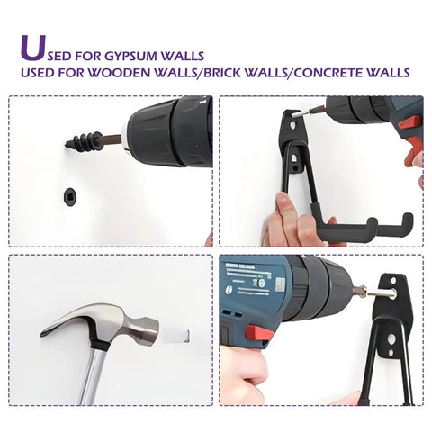 2 Pack Heavy Duty EV Charger Holder Wall Mounts installation on various walls with tools and durable black hooks.