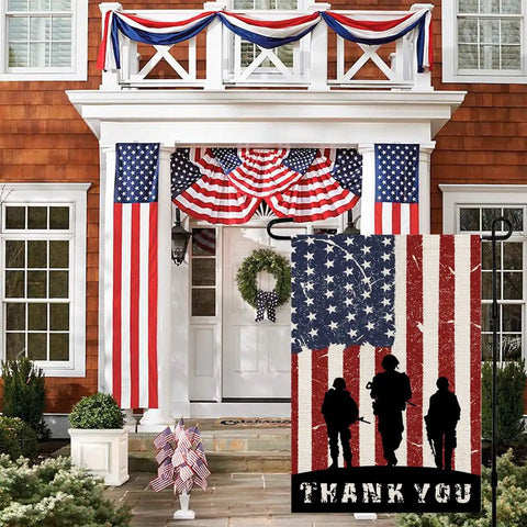 American Soldier Thank You Garden Flag 12x18 Burlap Double Sided for Fourth Of July displayed on porch with USA flags