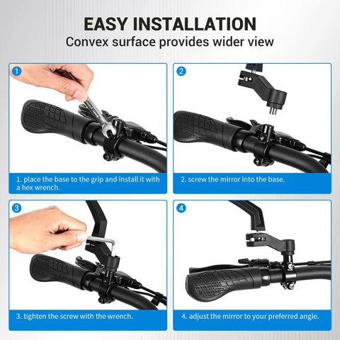 Dope EBike Handlebars Mirror Set installation guide for 360 Degree Adjustable Bicycle Rear View Mirrors on a handlebar.