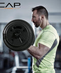Man using Threaded EZ Curl Bar Set With 50 Lb Cement Grip Plates And Collars For Strength Training And Home Gym Workouts