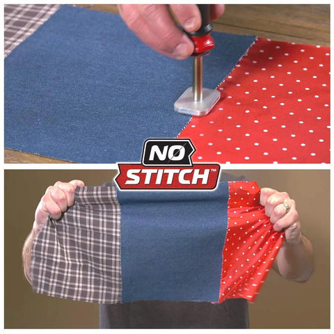 Close-up of the No Sew Electric Wand Kit With Premium Adhesive Powder for Clothing Repairs on fabric swatches being mended.
