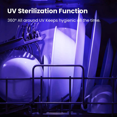 Slick Countertop Dishwasher With Built In Six Liter Water Tank, Portable Mini Cleaning Station Featuring Seven Custom Wash Cycles Uv Sanitization, Auto Open Dry Door And No Sweat Setup For Dorms, Rvs Or Tiny Kitchens, White showing UV sterilization function with dishes and utensils inside.