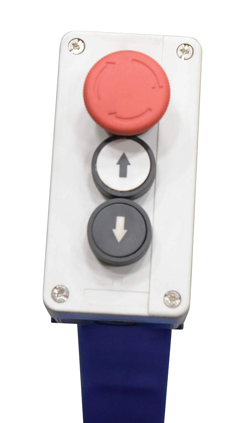 Heavy Duty Electric U Shaped Pallet Lift Table control panel with red emergency stop and lift buttons, used for 3000 lb capacity handling.