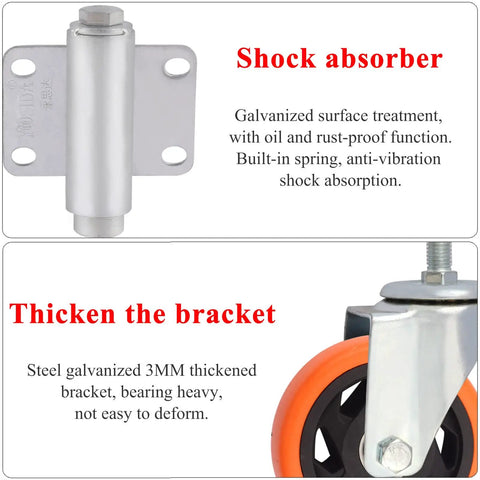 Heavy Duty Spring Loaded Gate Caster Wheel Retractable Shock Absorbing Swivel Roller For Garden Fences And Wood Gates Stops Sag Cold Delivers A Smooth Ride Handles Two Hundred Twenty Lb Loads Four Inch Tire showing shock absorber and thickened steel bracket.