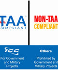TAA compliant vs Non-TAA compliant labels with ICC branding, indicating government and military project usage.