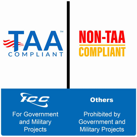 TAA compliant vs Non-TAA compliant labels with ICC branding, indicating government and military project usage.