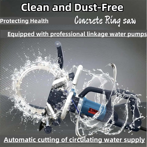 Straight Shooting 8800W Electric Concrete Saw And 270mm Circular Groove Chaser Rig Featuring Water Fed Dust Knockdown Kit for cutting with water spraying.