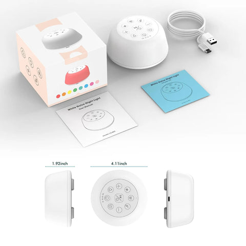 All Night White Noise Machine With 9 Color Night Light, showing packaging, USB cable, and product dimensions in inches.