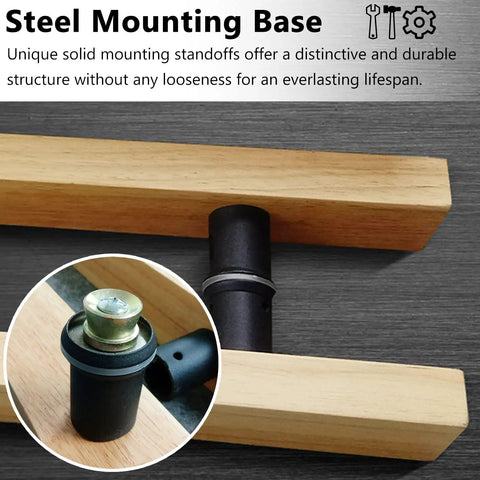 Steel mounting base with solid standoffs for Dang Good Solid Wood Double Sided Door Handles With Sweet Long Threaded Mounting Bolts.