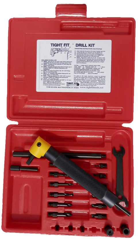 Right Angle Drill Attachment 90 Degree Adapter kit with 360 Degree Swivel in red case, tools for tight fit and hard to reach spaces
