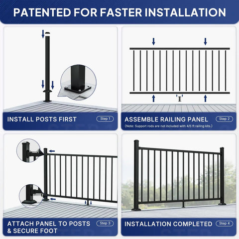 Step-by-step installation guide for Built Tough 36 Inch Height By 12 Foot Width Modular Aluminum Porch And Deck Railing Kit.