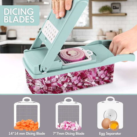Ourokhome 12-in-1 blue kitchen vegetable chopper with 8 blades, onion slicer and strainer basket