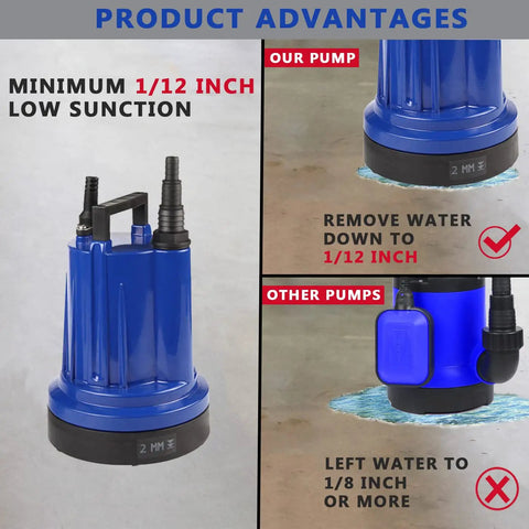 Beast 1320 GPH Submersible Water Pump for Clean Water Transfer, 1/3 HP, low suction comparison with other pump