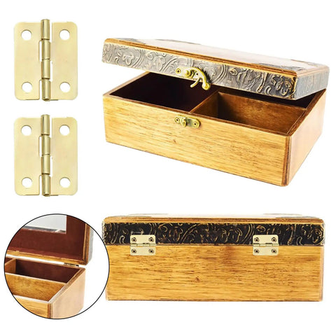 Top Shelf Brass Jewelry Box Hardware Set Featuring Forty Rad Hinges And Twenty Dope Antique Latch Hook Hasps Plus Two Hundred Forty Replacement Screws for an open wooden box with brass fittings.