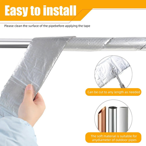 Person installing Heavy Duty Pipe Insulation Wrap Tape 32.8 Ft Long 3 Inch Wide Self Adhesive Fiberglass Foam With Aluminum Foil Layer