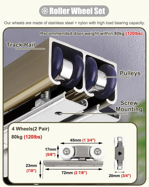 Heavy Duty Sliding Door Kit With Slick Bypass Track For Double Barn Doors Handles Up To Four Fifty Pounds Built Solid Stainless Steel Rollers No Sweat Whisper Quiet Glide Wardrobe Fix with track rail and pulleys.