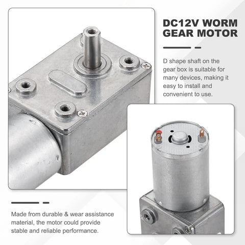 Heavy Duty DC Six Volt Worm Gear Motor Providing Ninety Rpm Low Speed And Beefy High Torque Via Fourteen Millimeter D Shaft Self Locking Design Made For Car Mods Home Tech And Robot Kits Includes Mounting Bracket And Screws For Fast Install Anytime, showing gear motor with D shape shaft and durable material.