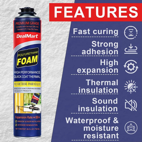 Built Tough Closed Cell Spray Foam Insulation Kit With 48 Packs Of Self Expanding Adhesive For Garages And Attics Featuring Pro Spray Gun and Quick Flush Rinse For That Snappy DIY Install Today, showing features on a canister.