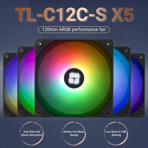 Five Pack 120mm ARGB PWM CPU Case Fans With S-FDB Bearing, Silent Up To 1550 RPM, colorful light display