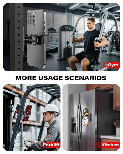 Magnetic Gym Phone Holder With Alloy Base And Joint, 360 Degree Adjustable, Strong 22 Lb Grip shown in gym, forklift, kitchen settings.