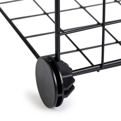 Close-up of the wheel detail on the Six Cube Wire Grid Shelf With Stackable Metal Storage Rack And Modular Black Steel Organizer.